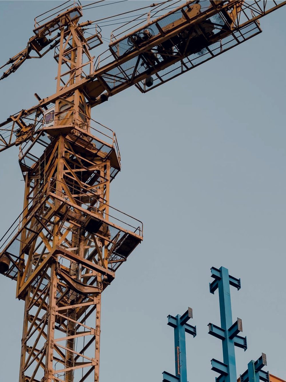 Structural steel columns standing against the sky beside a tower crane